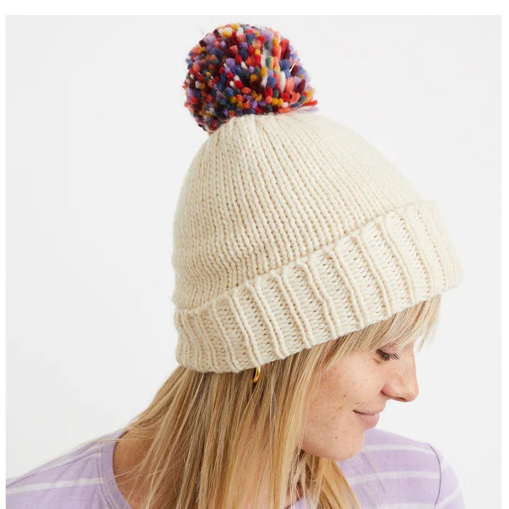 White Cream Knoll Beanie with Multi-color Pom from Marine Layer